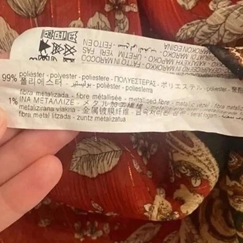 Zara Floral Sheer Long Sleeve Flowy Boho Blouse Smocked Ruffle Neck XL Red Green - Image 9