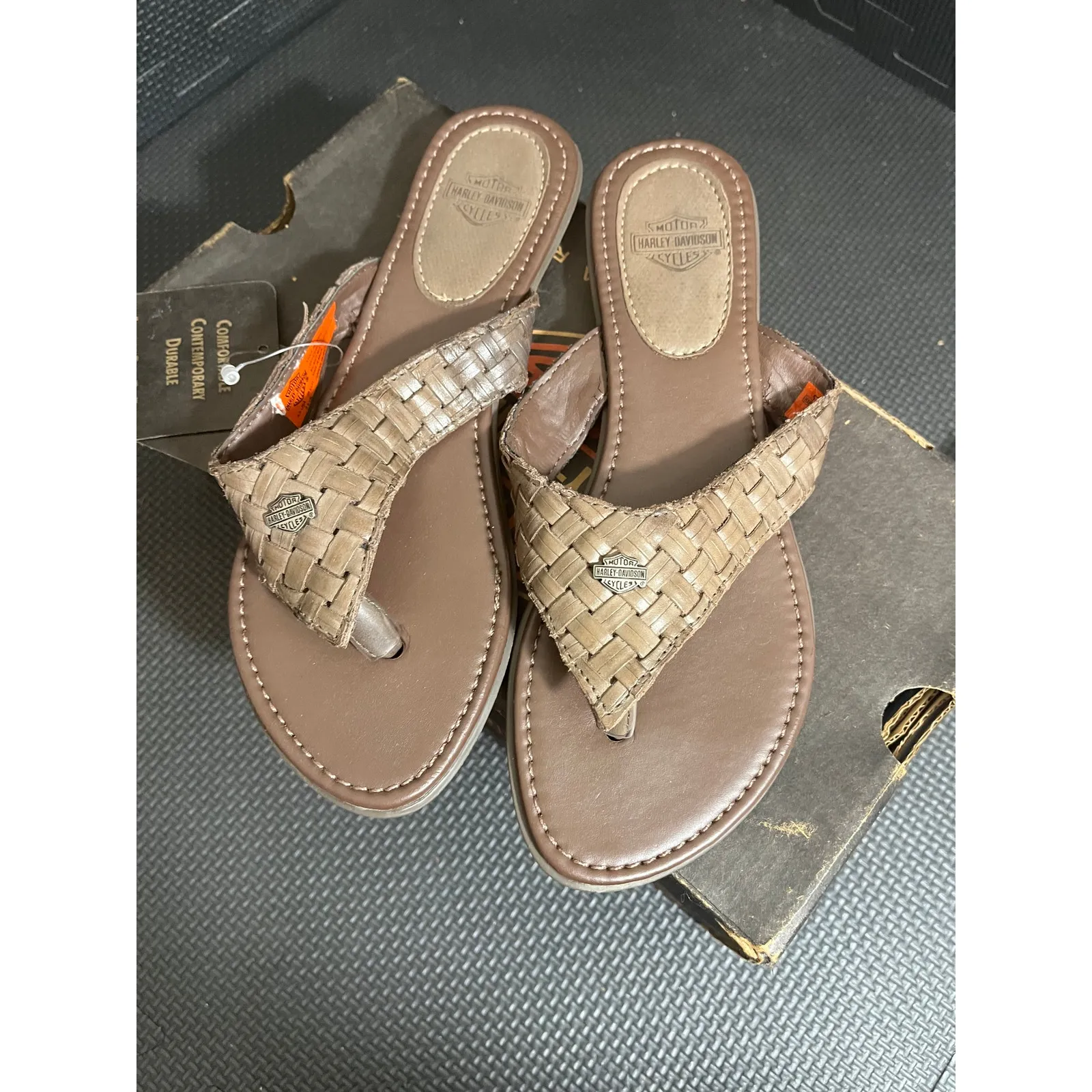 Harley Davidson Womens Flip Flo Sandals Leather Brown Woven Biker Boho Size 5.5 - Image 3