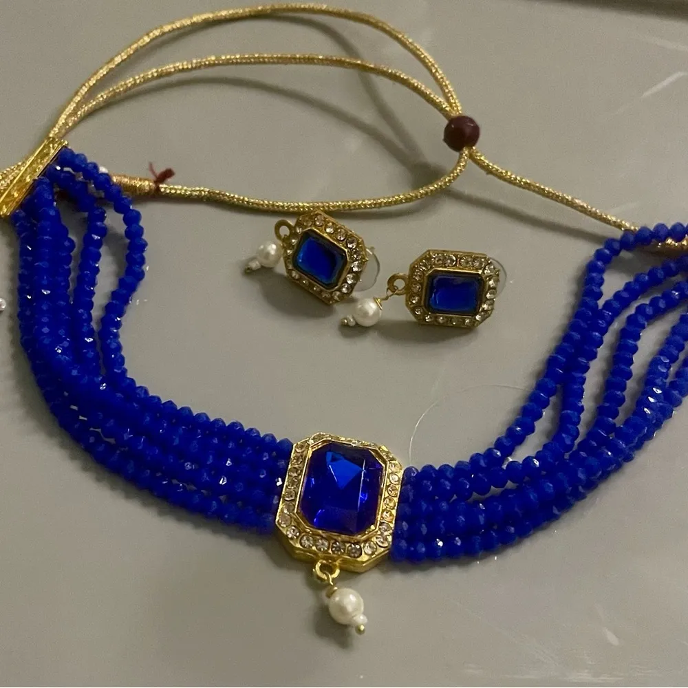 Royal Blue Beaded Choker Necklace & Earrings Set | Gold & Kundan Finish - Image 2