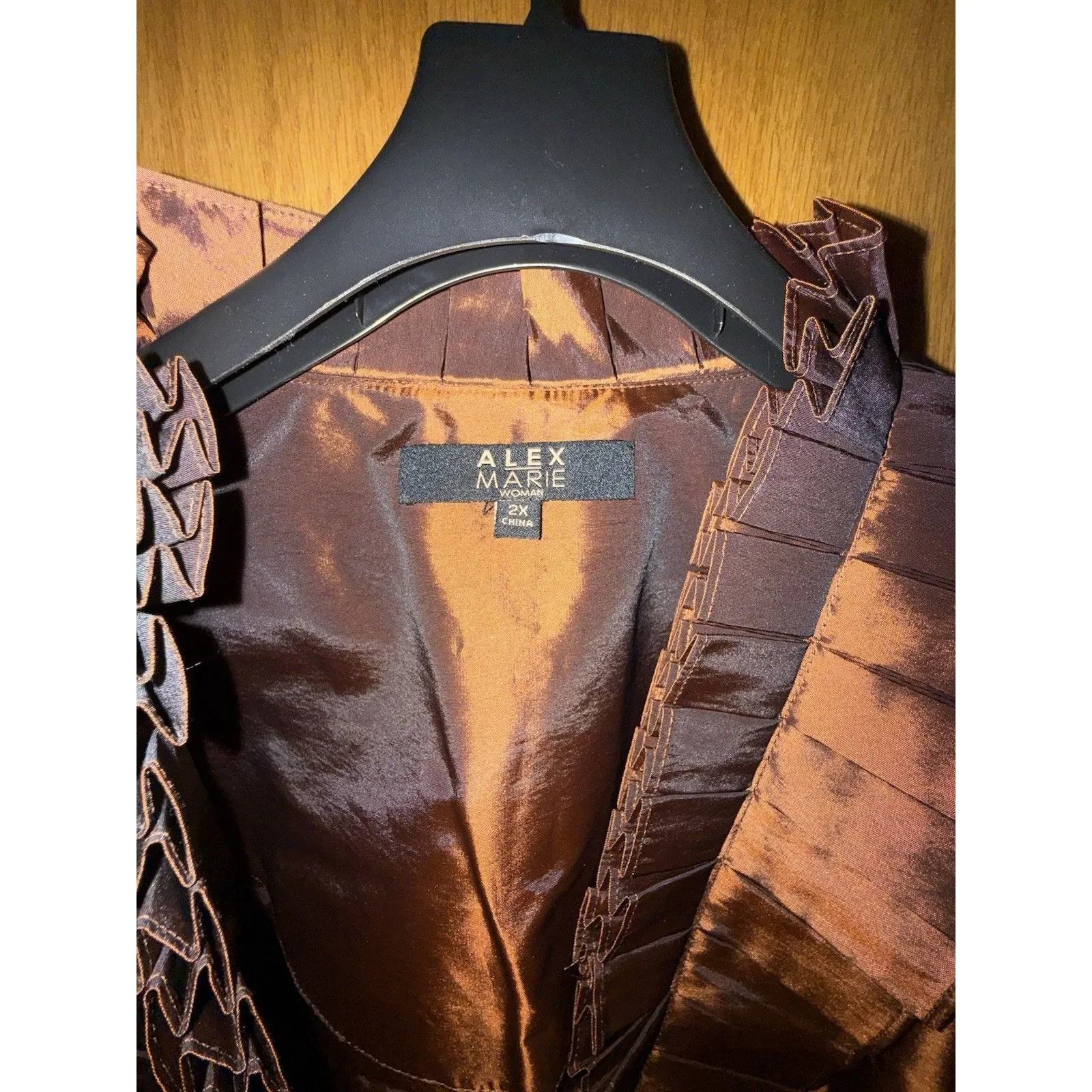 Alex Marie Evening Wear Blouse 2X Bronze Ruffles Tie Sash Concealed Snap NWT$129 - Image 2