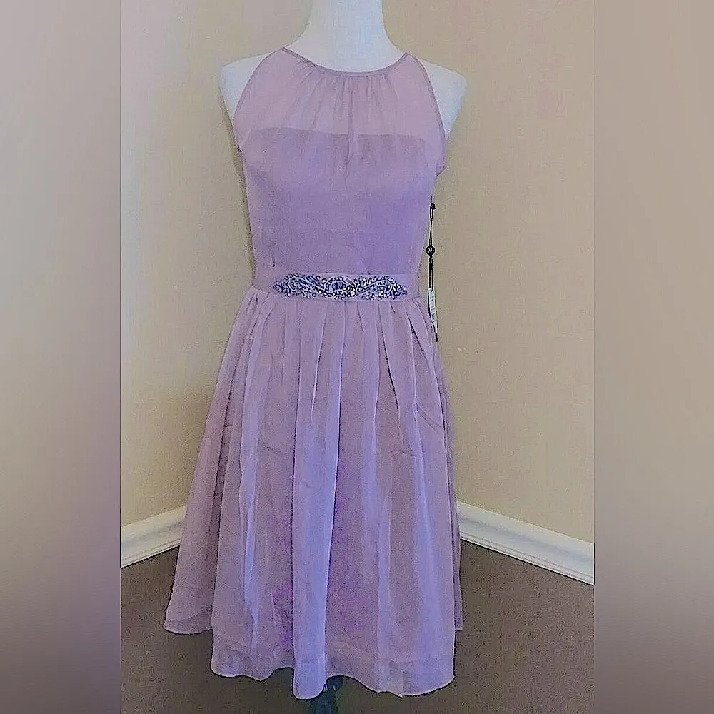Adrianna Papell Light Purple Sheer Chiffon Halter Jewel Sash Fairycore Dress - Image 2