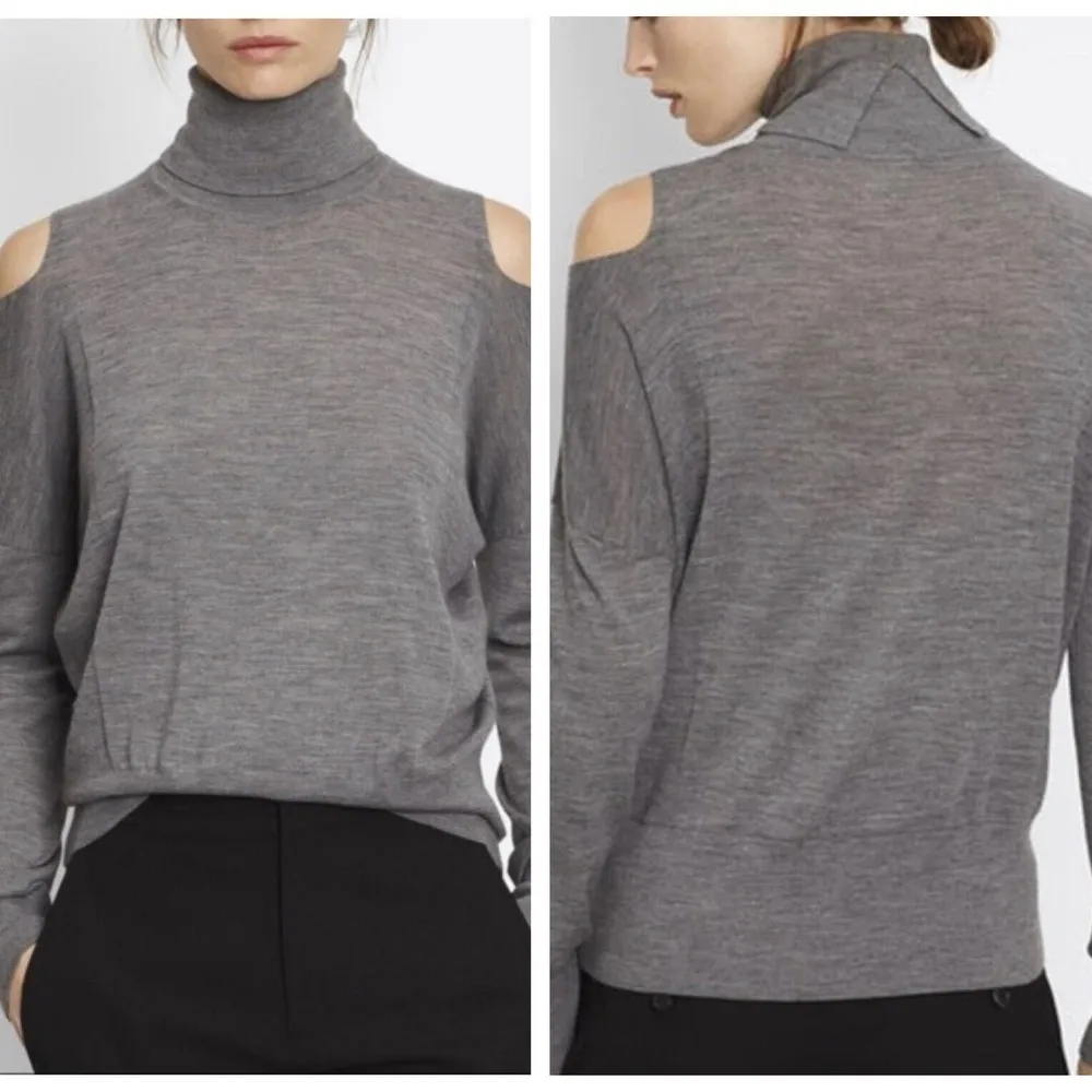 Vince Small S Cold Shoulder Wool Turtleneck Sweater Gray Thin Knit - Image 2