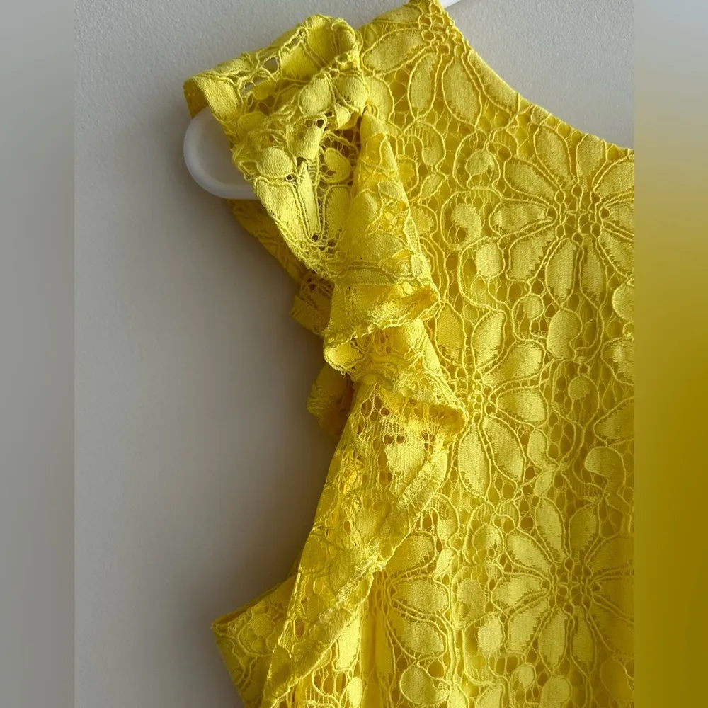 Yellow Floral Sheath Dress, Crochet Lace Ruffle Dress, Size 10 - Image 3