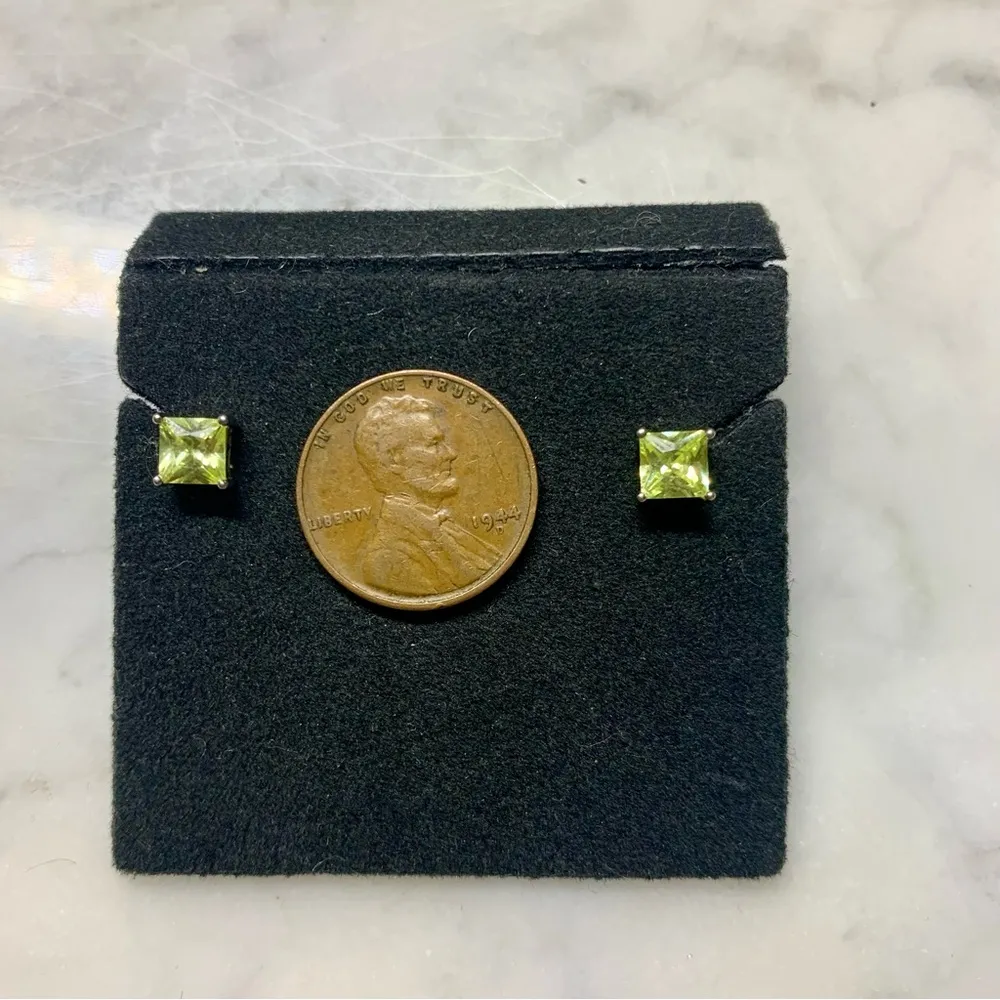 Cubic Zirconia August Birthstone Peridot Color Princess Cut 925 Stub Earrings Silver - Image 2