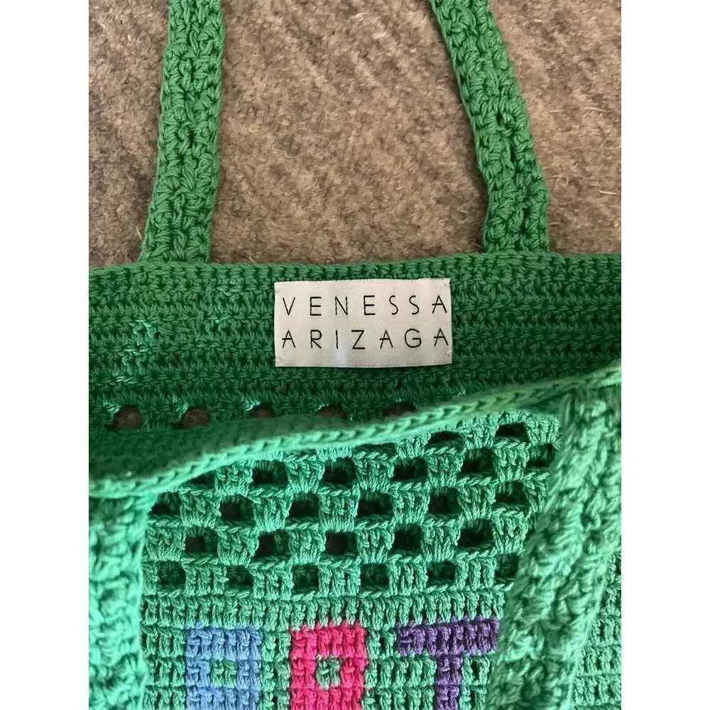 Venessa Arizaga Art Crochet Tote Bag Womens Green 100% Cotton Boho Colorful - Image 4