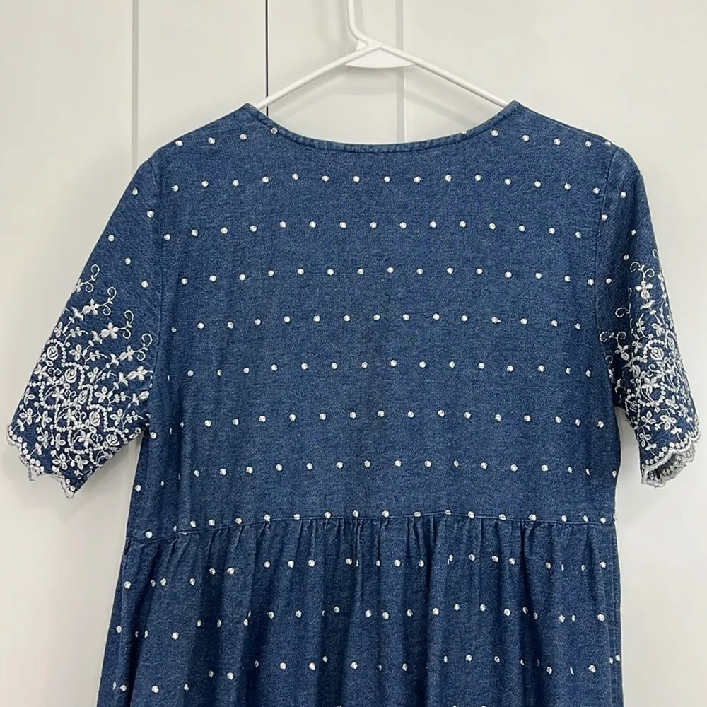 Vintage 90s GTG Small Blue Denim Midi Short Sleeve Momcore Dress w/Pockets - Image 10