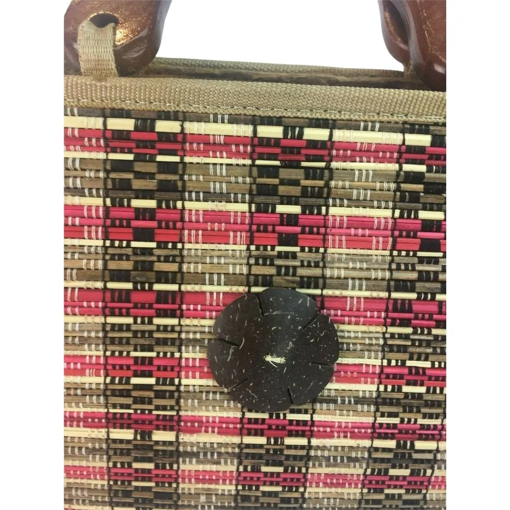 Mid Century Modern Handmade Purse Woven Straw Wood u Lined Wood Handle MCM u Brown - Image 9