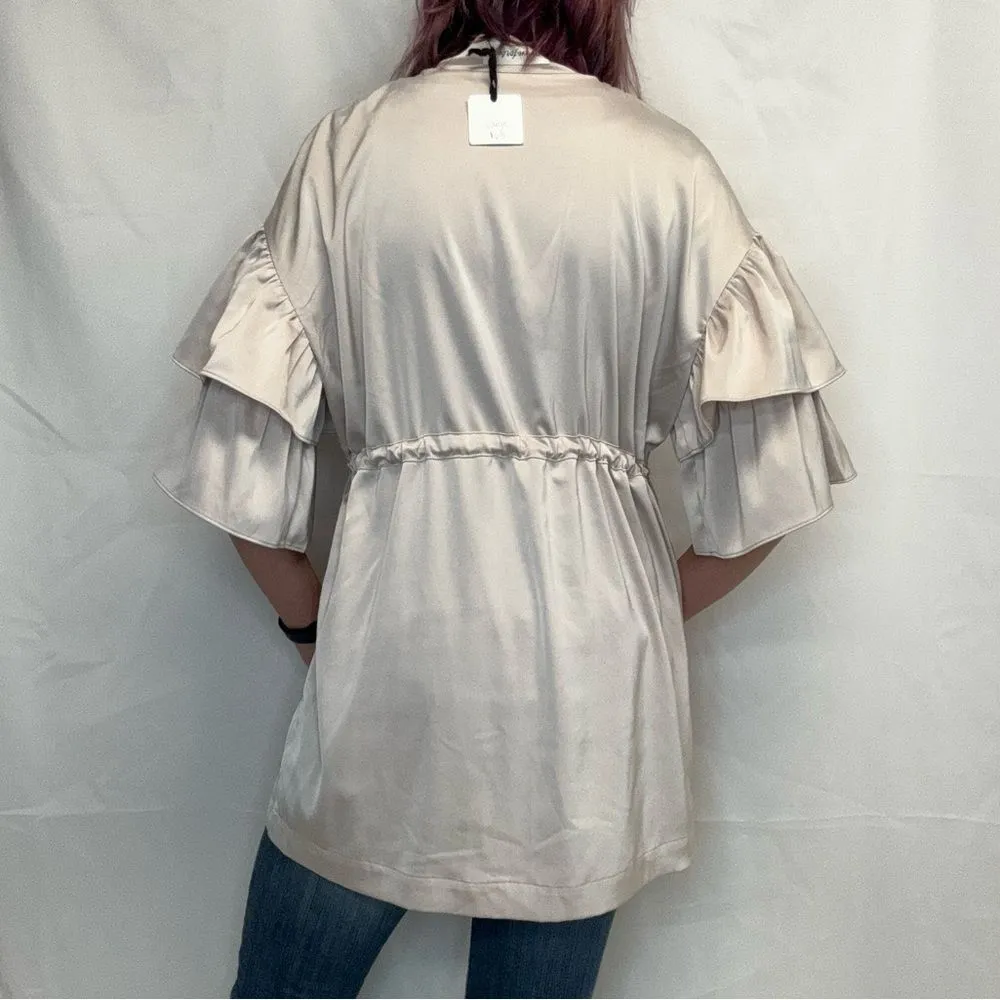 Caren Forbes Women's Satin Tunic Blouse Top Ruffle Sleeves L LG Large Champagne - Image 2