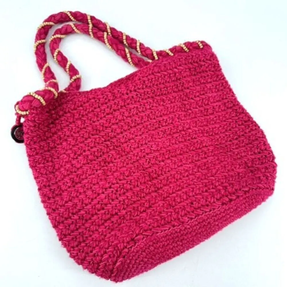 The Sak Women's Beaded Wrapped Handle knit Crochet Hobo Shoulder Bag Pink Small - Image 3