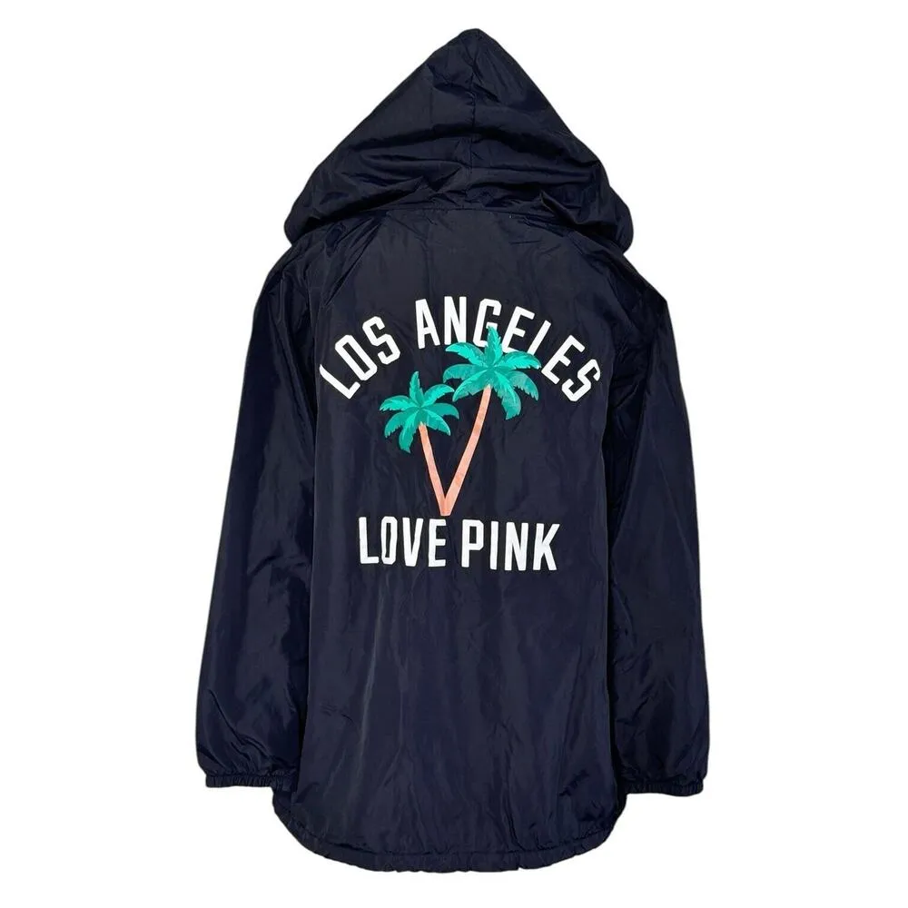 Victoria’s Secret LOS ANGELES LOVE PINK Black Windbreaker Hooded Snap Jacket SP - Image 6
