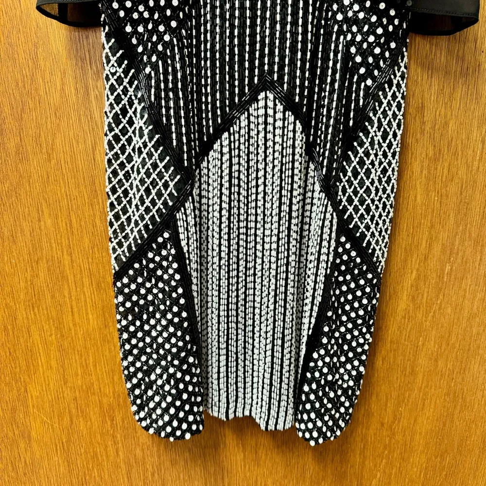 Parker Sleeveless Halter Neck Beaded Skirt Mini Dress Black White Small S - Image 4