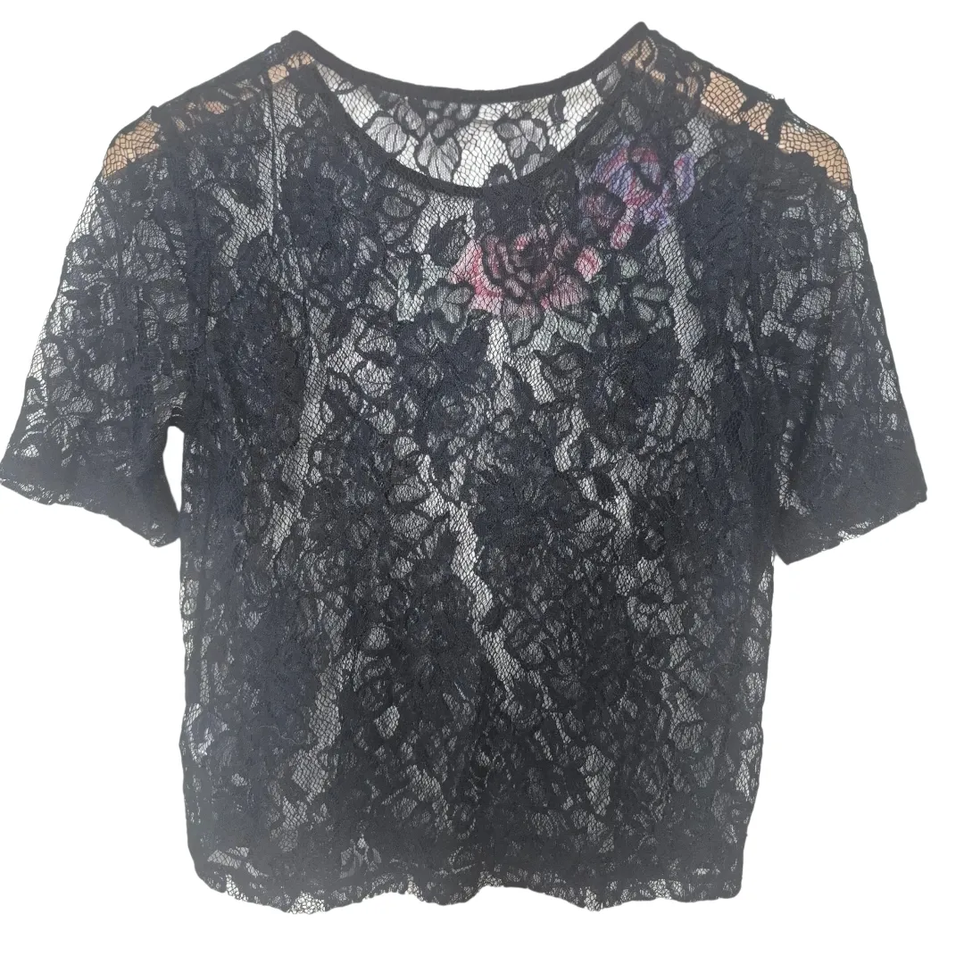 Love More Y2K Black Lace Top with Floral Embroidery Mesh See Through Size Medium - Image 2