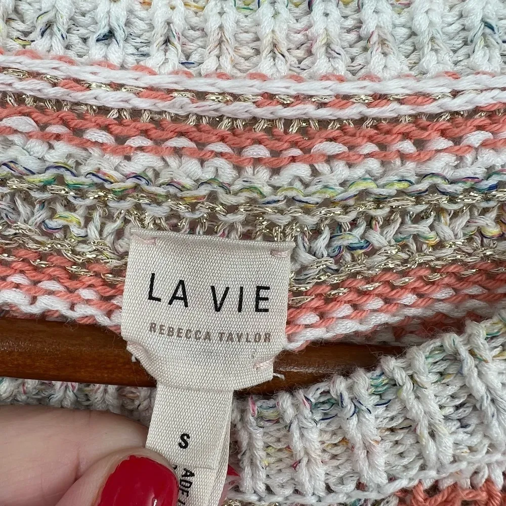 REBECCA TAYLOR Women multi-color gold shimmer stripe short sleeve knit top small - Image 8