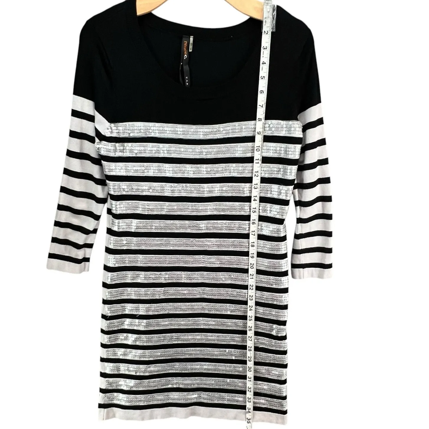 Renee C Sequin Sweater Dress Womens M White Black Stripe Silver Party Holiday Size M - Image 8