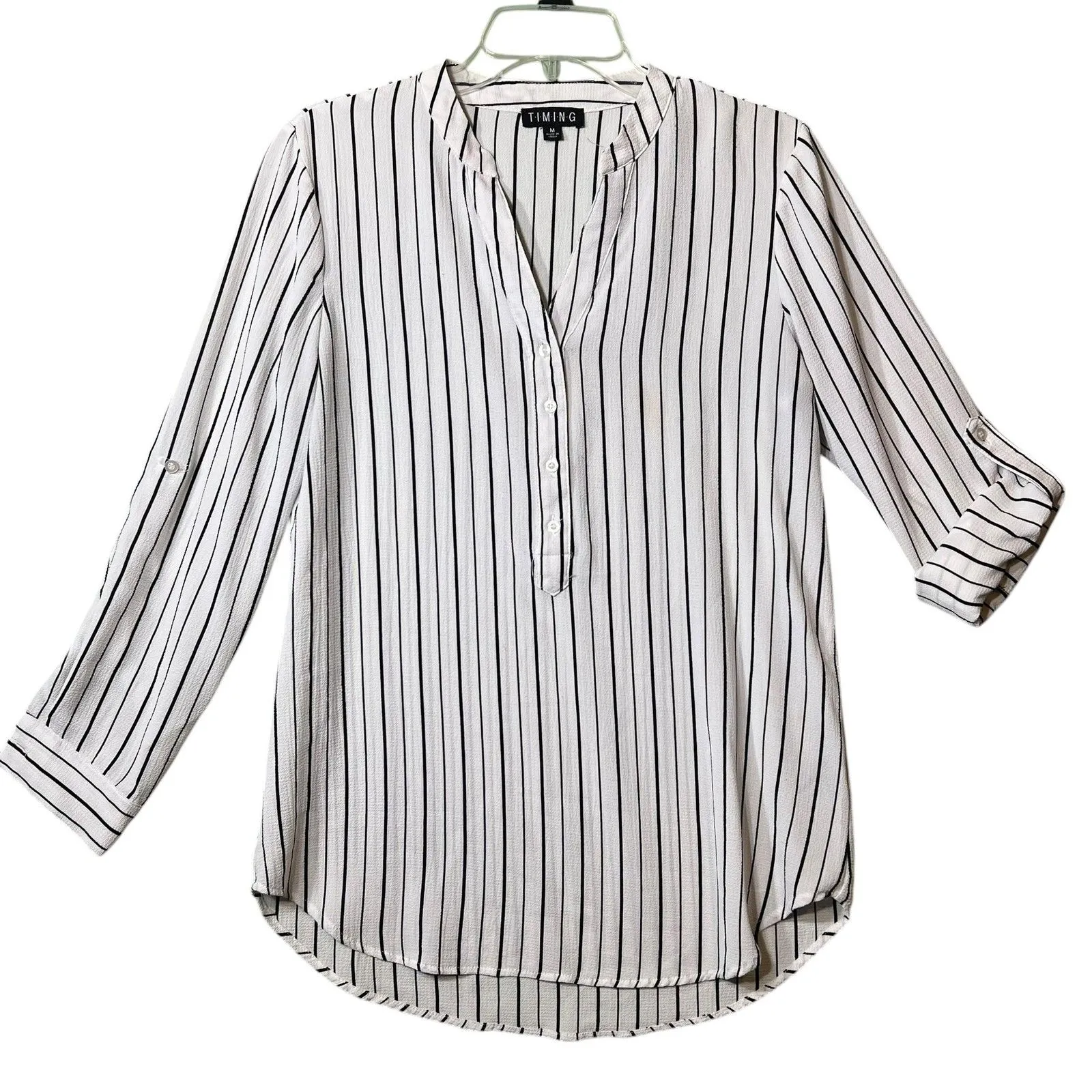 Timing Shirt Womens Medium White Black Striped Split Neck Roll Tab Sleeve Tunic - Image 11