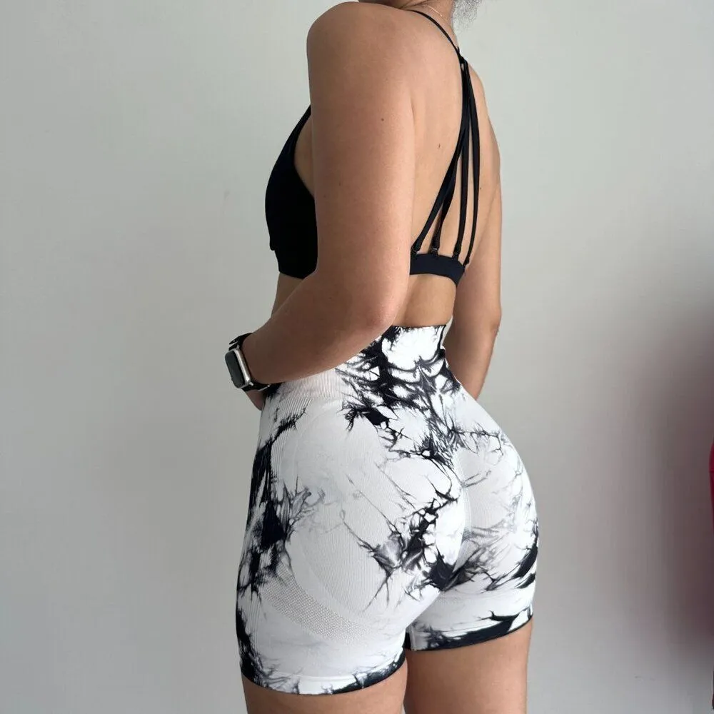 Black & White tie dye marble seamless high waist workout shorts scrunchy butt - Image 3