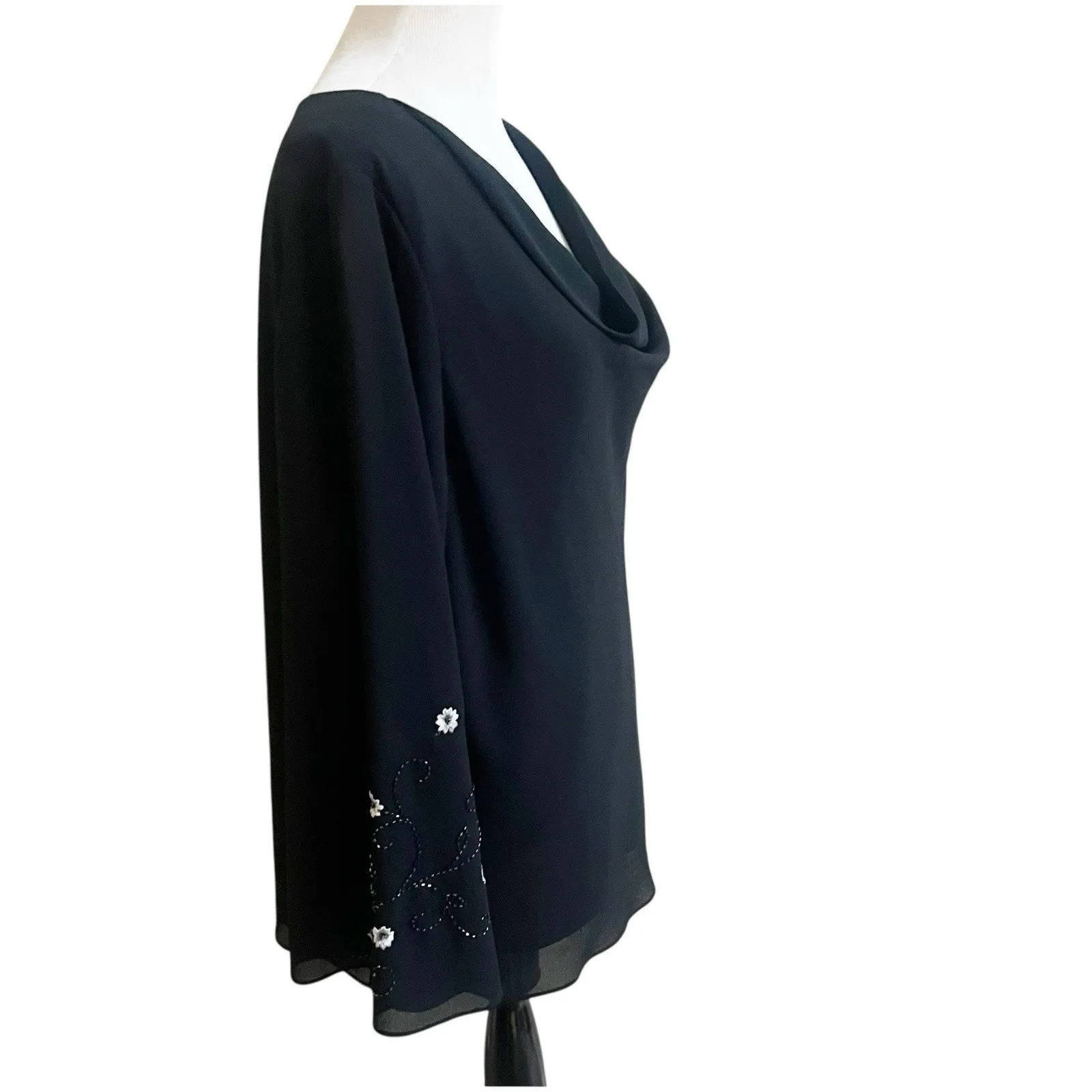 Adriana Papell Cowl Neck Evening Essentials Top Size 3X Beaded Sleeve Black - Image 2