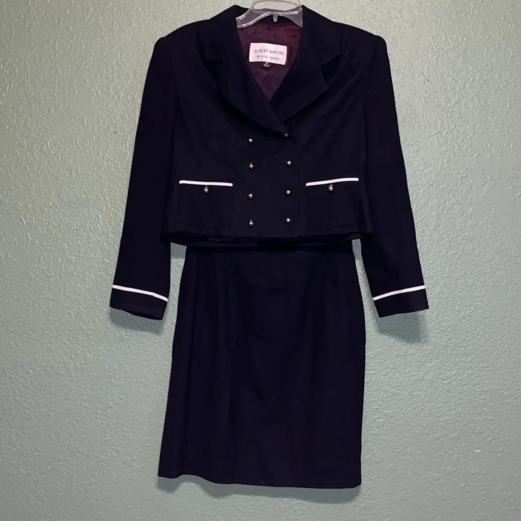 Albert Nipon Vintage Navy Wool 2 Piece Suit 12P - Image 2