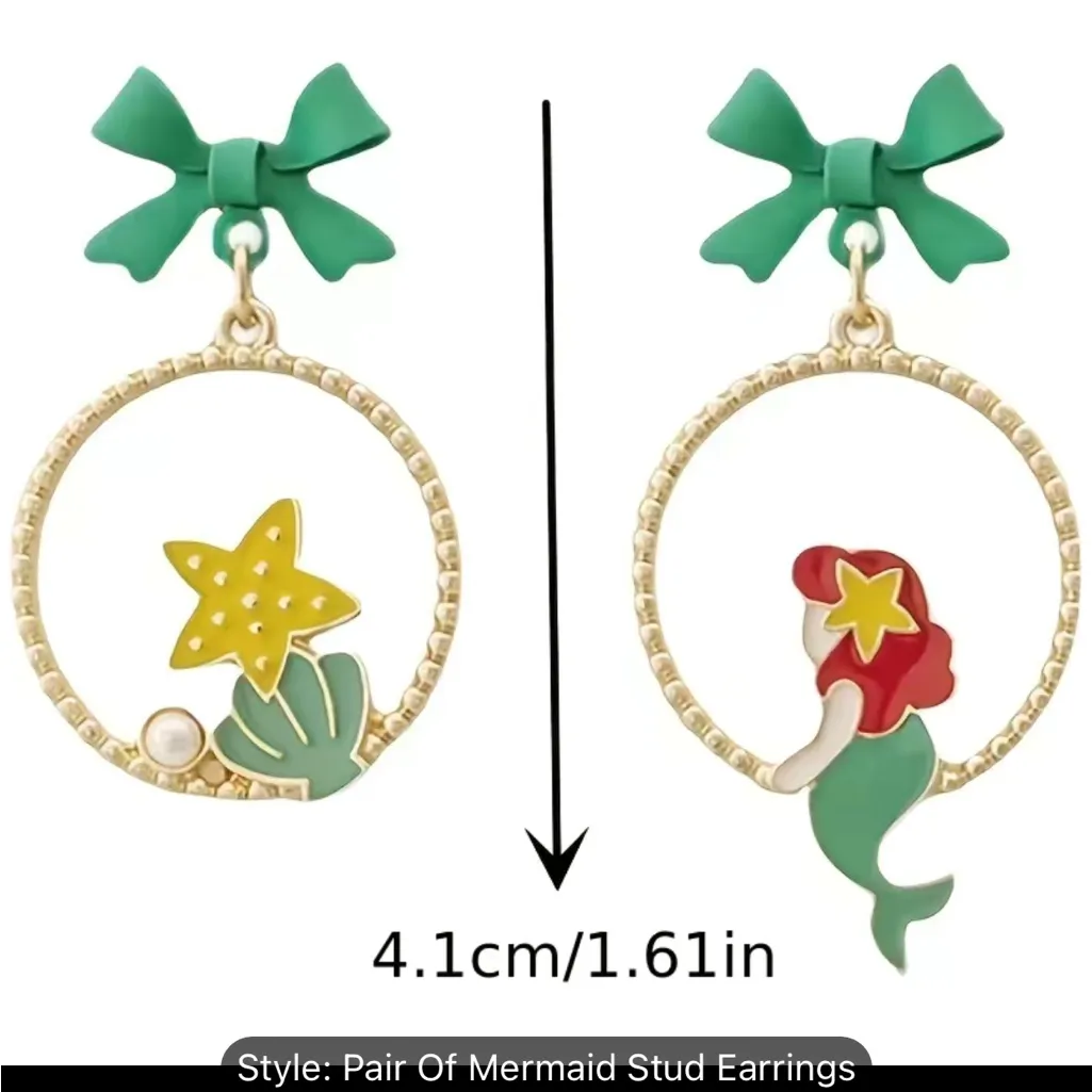 Mermaid Princess Girl‎ Gold Plated Bowknot Design Alloy Earrings Cute Cartoon St - Image 5