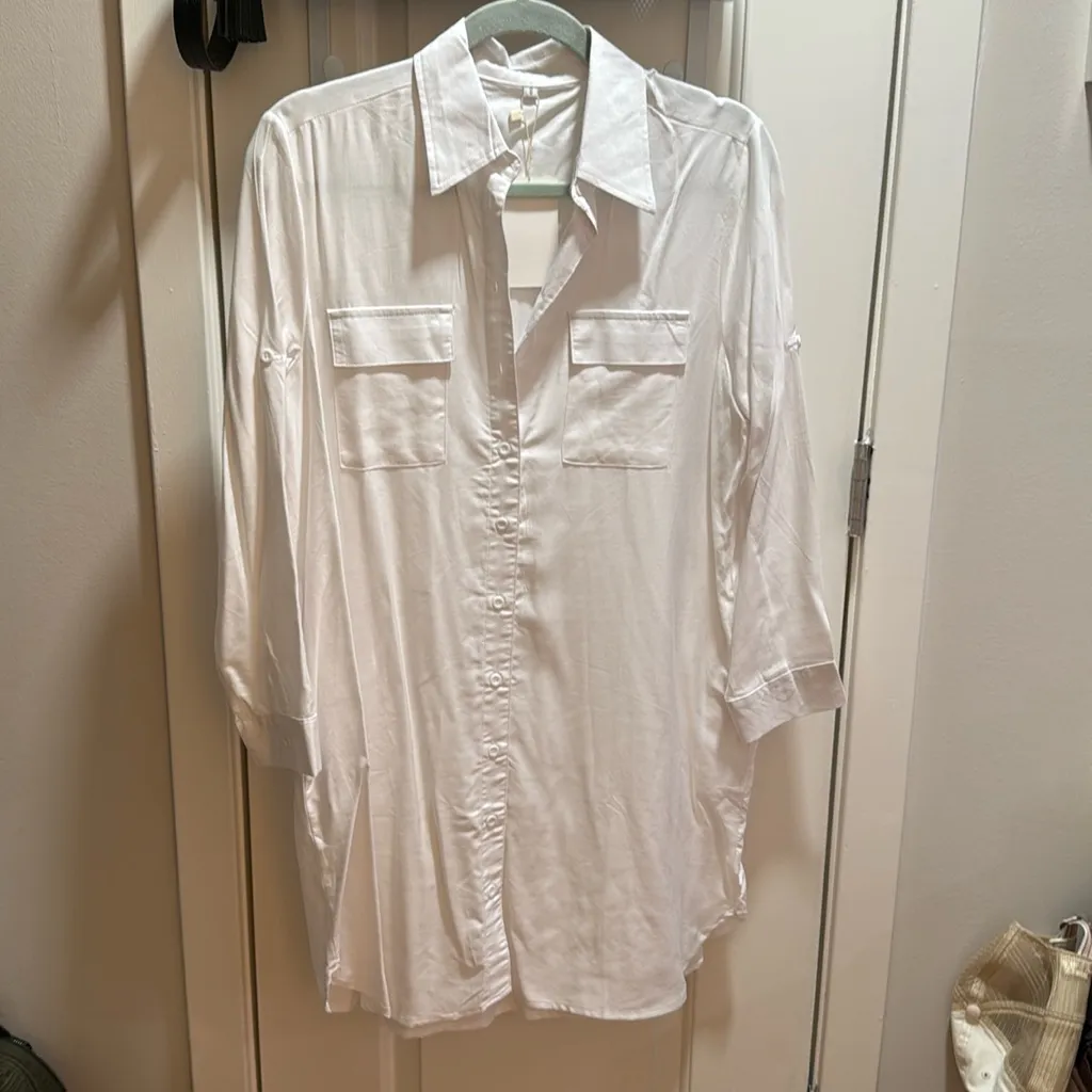 Source Unknown White Button Down Utility Shirt Dress Roll Tab‎ Sleeves Casual Chic Size Small - Image 2