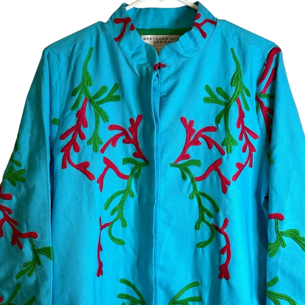 Gretchen Scott Designs NWT Blue Floral Embroidery Long Button Coat Size Large Green - Image 3