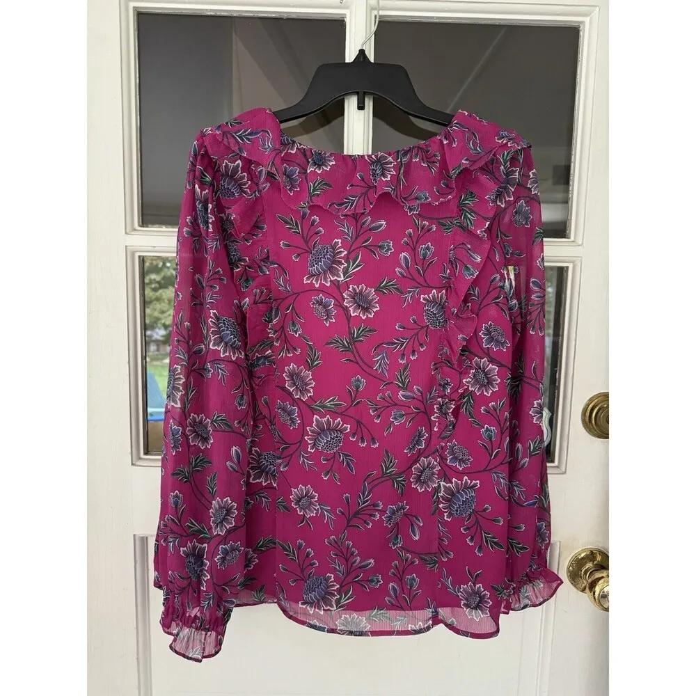 Boho Soft Ruffled Collar Color Tunic Size Large Magenta Floral Tie Neck GA - Image 7