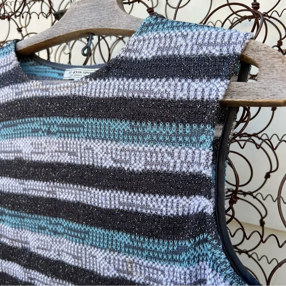 ST. JOHN SPORT BY MARIE GRAY sleeveless blouse tank top blue black silver stripe - Image 2