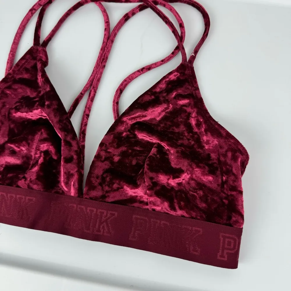 PINK Victoria’s Secret Velvet Bralette Bra Sz Large Maroon Berry Vneck - Image 6