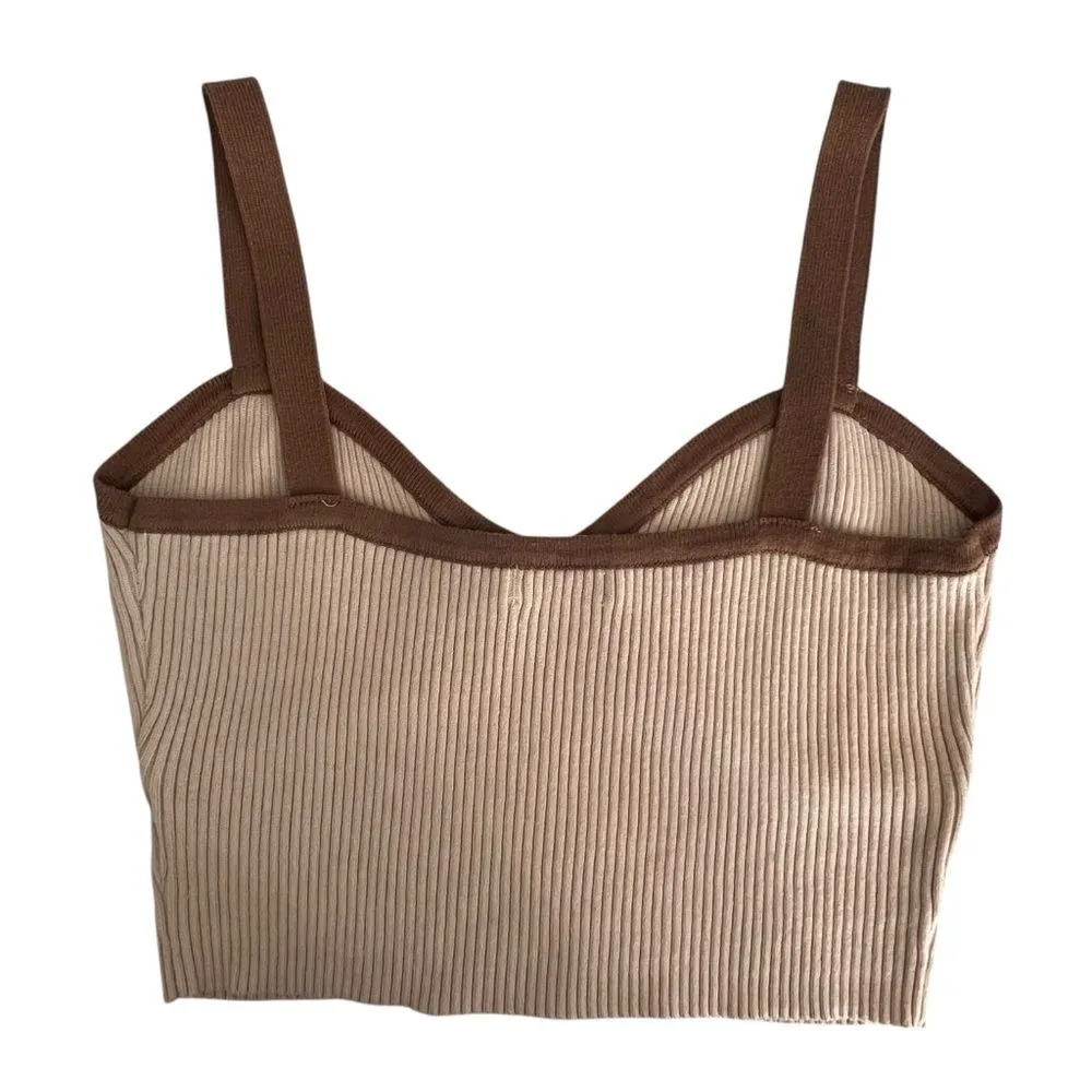 Lush Ribbed Cropped Top Size M Tan Neutral Minimalist Clean Girl Boho 70's - Image 3