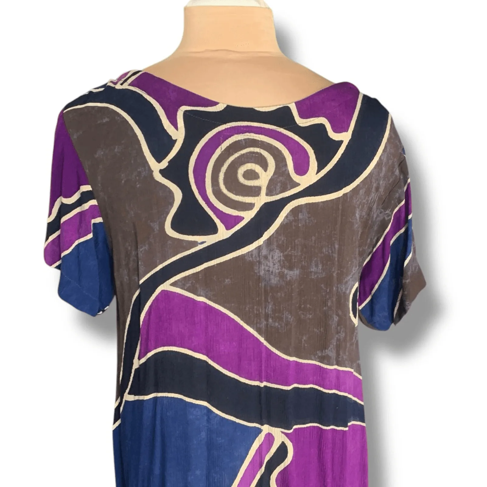 Vintage 90s Pelican Cove Rayon Maxi Dress Medium Abstract Purple Brown Blue Boho - Image 4