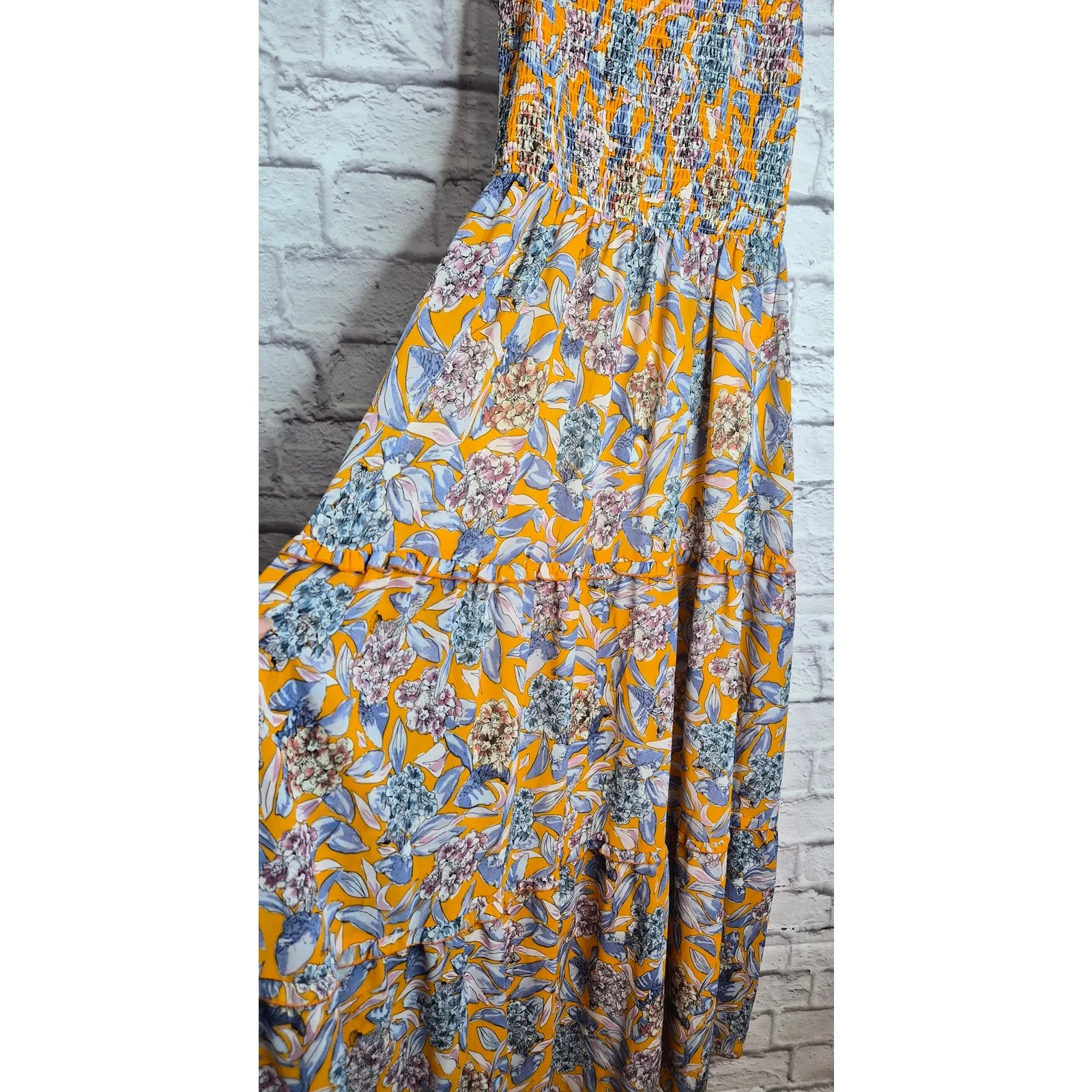 Melloday Floral Maxi Dress Size M Orange Smocked Bodice Flutter Sleeve Tiered. - Image 9