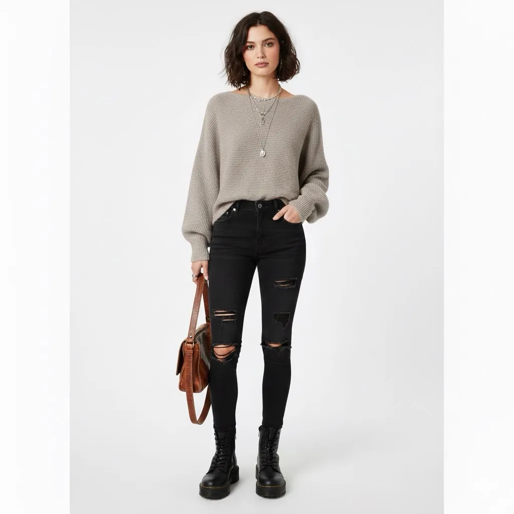 Abercrombie & Fitch Cropped Chunky Knit Pullover Sweater Dolman Sleeve S/M Cozy - Image 8