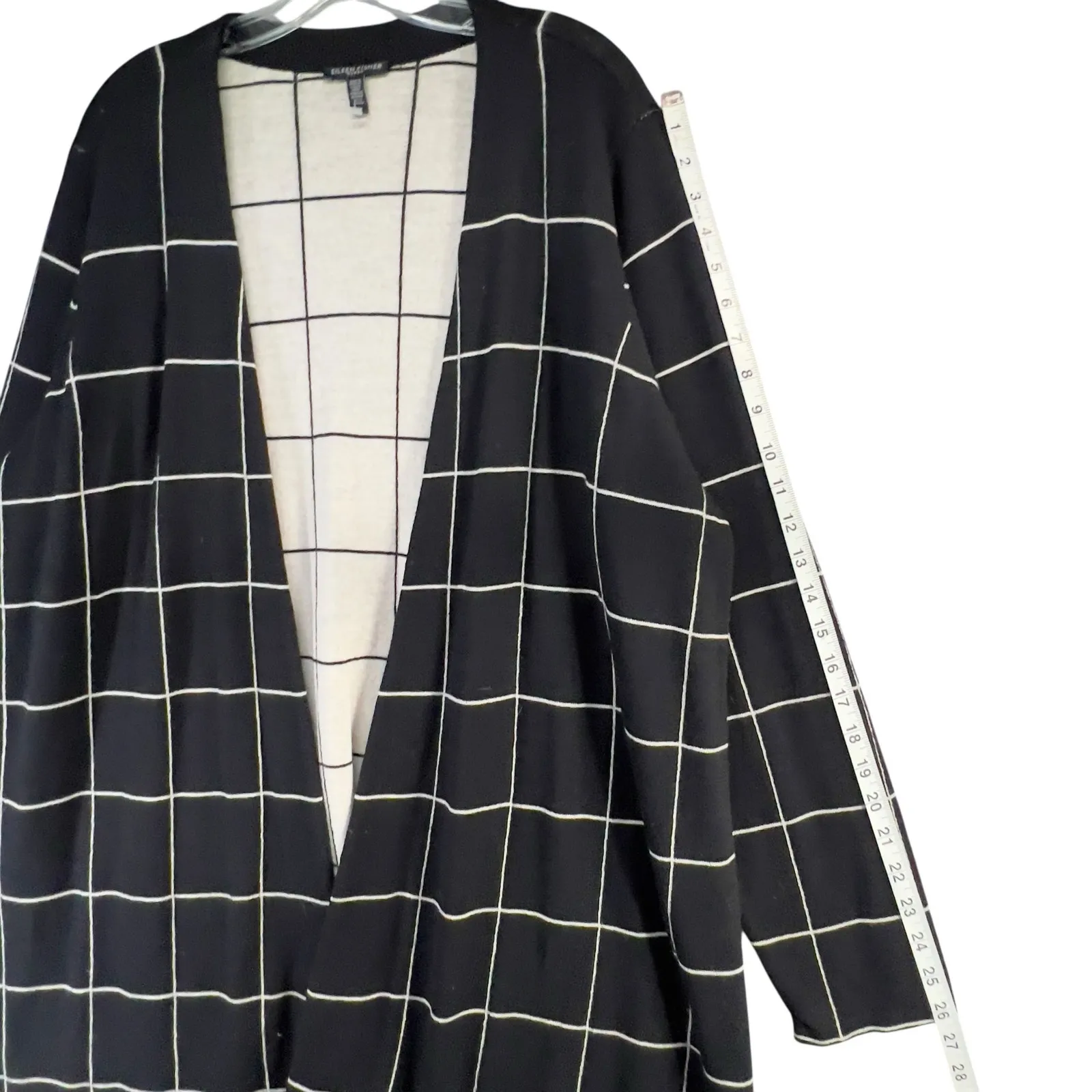 Eileen Fisher Cardigan Sweater Womens 2X Black Wool Windowpane Check Open Front - Image 10