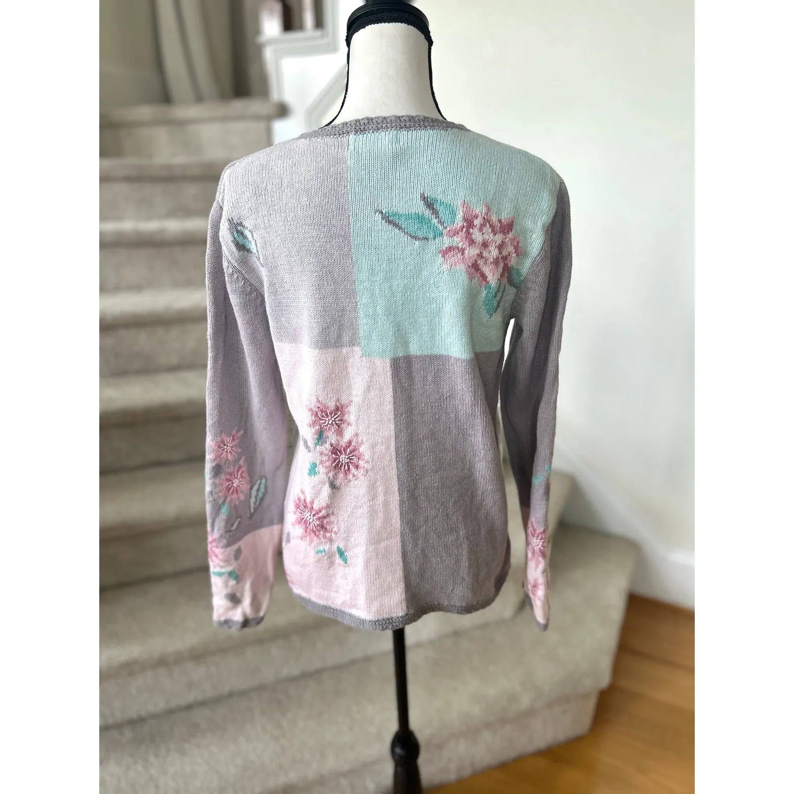 Vintage Coldwater Creek Cottage Grey Pink Mint Rose Patchwork Cardigan - Image 2