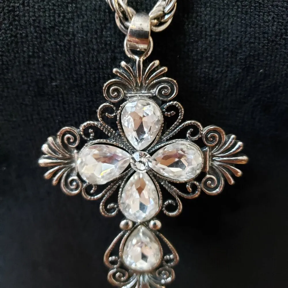 Womens Silver Tone Crystal Cross Pendant Necklace Rope Chain with Lobster Clasp - Image 4