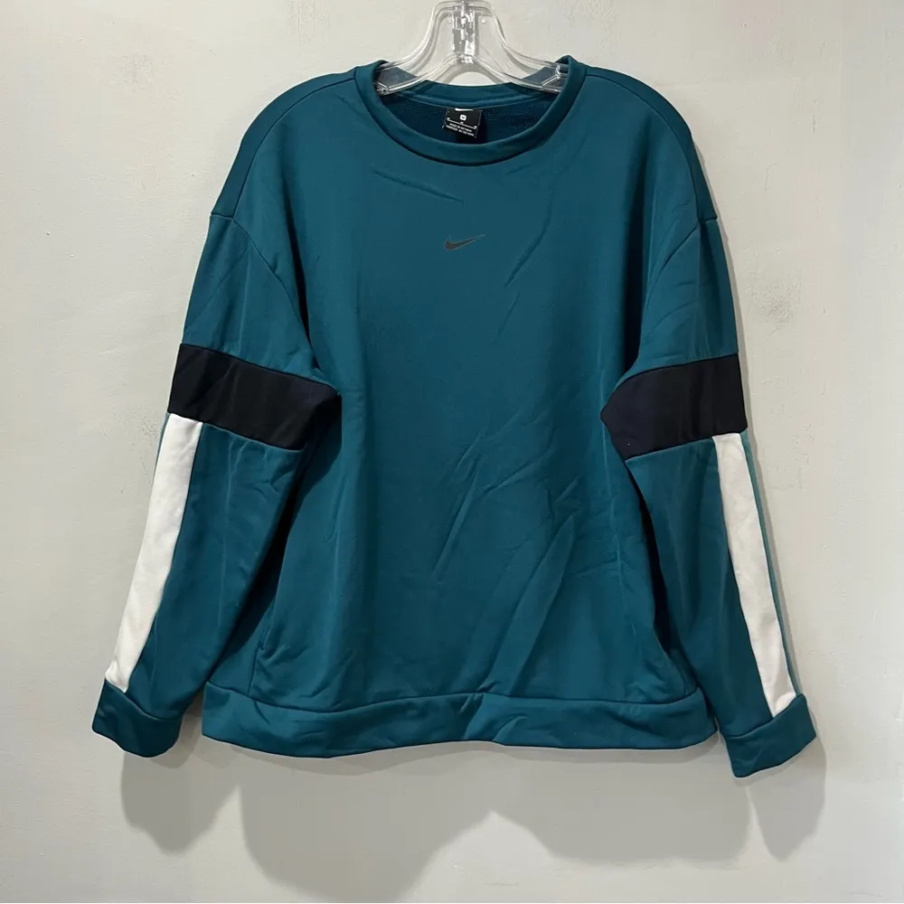 Nike Therma Fleece Women Medium Teal Blue Pocket Crewneck Sweatshirt Color block - Image 8