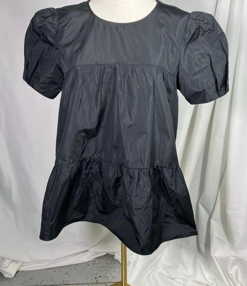 ZARA Black Puff Sleeve Peplum Blouse Small Short Sleeve Tie Back Lightweight New - Image 13