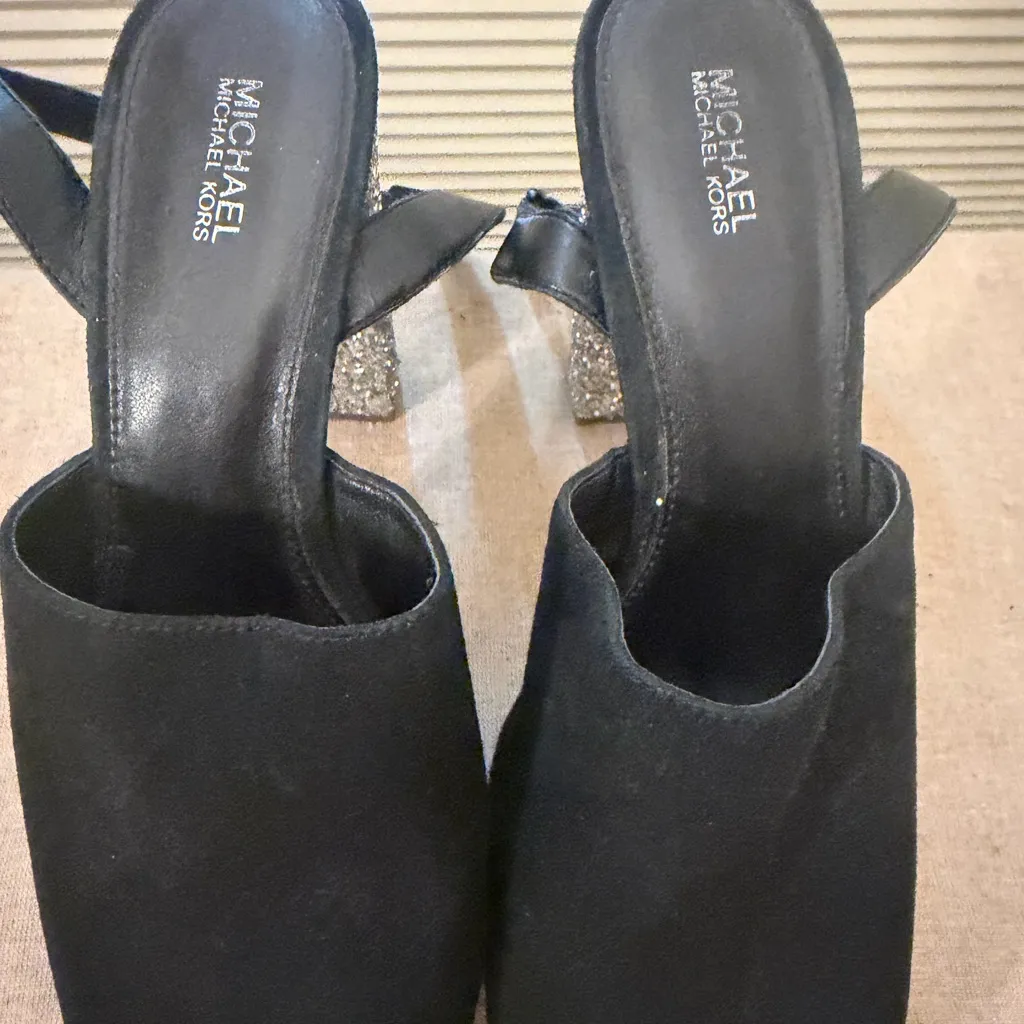 MICHAEL Michael Kors Striking Black Suede Platform Mules w/Silver Glitter Heels Size 8.5 - Image 6