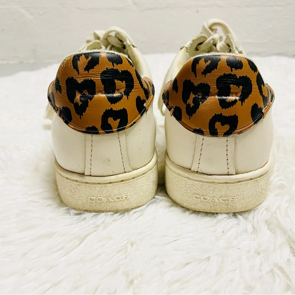 Coach Low Top Leather Sneakers 9B Leopard Print Heel Off-White Luxury C126 - Image 6
