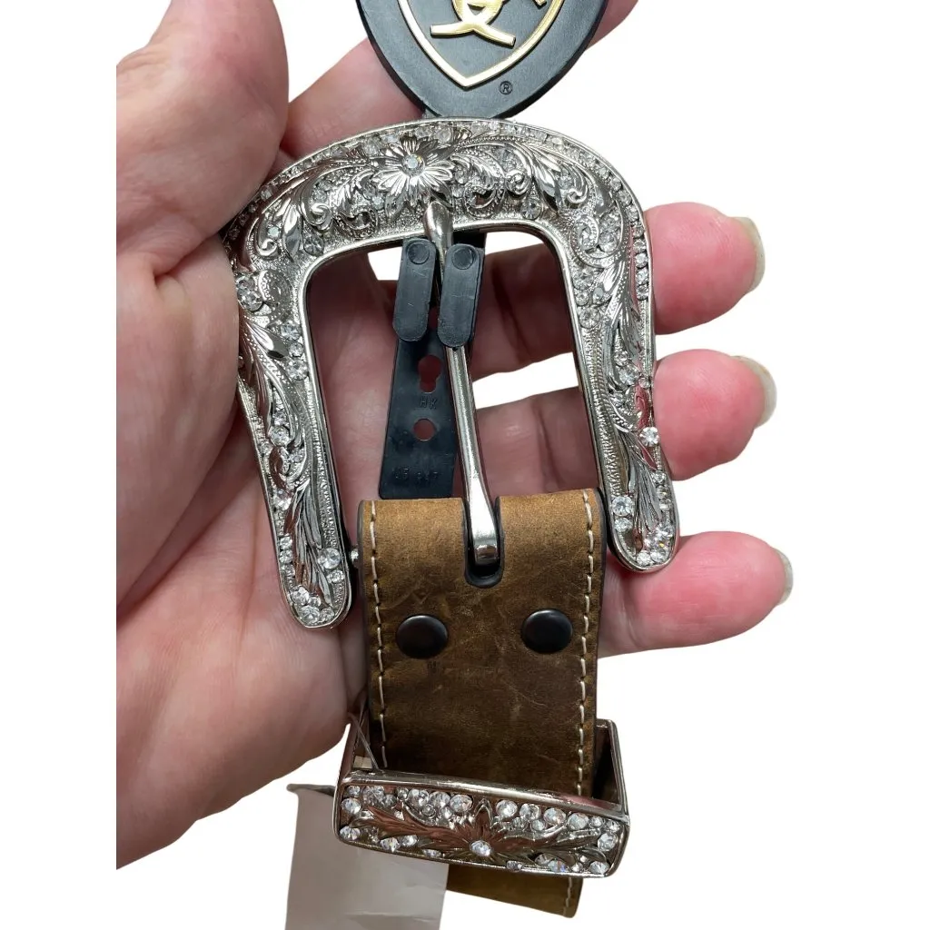Ariat Womens Brown Leather Western Belt Silver Buckle Floral Accents XL SKU 8977 - Image 3