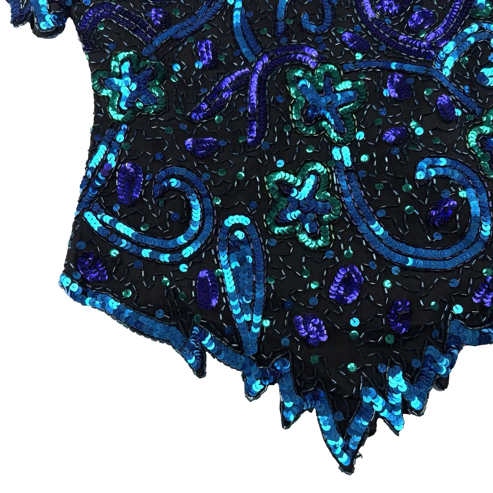 Laurence Kazar Size Medium Silk Top Heavily Beaded Blue Teal Black Made in India - Image 4
