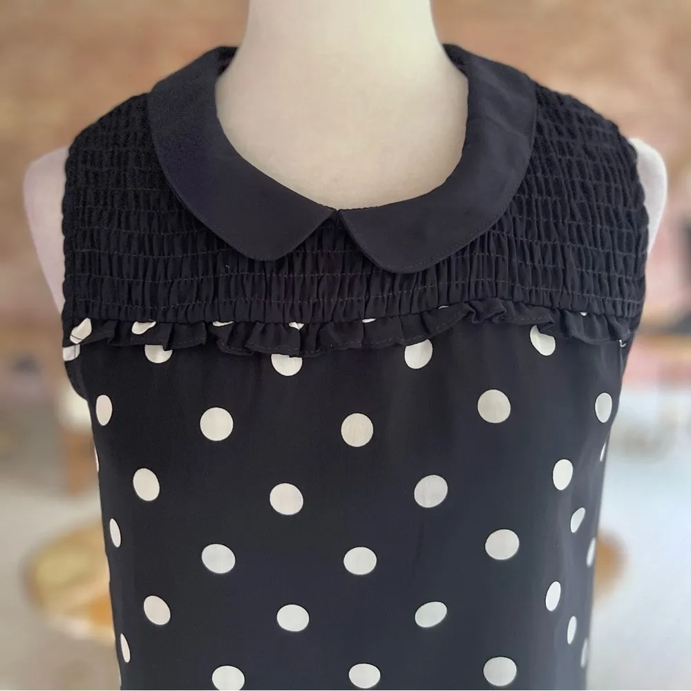 Tommy Hilfiger Top Polka Dot Smocked Black Sleeveless S Dressy Chic Work Retro - Image 3