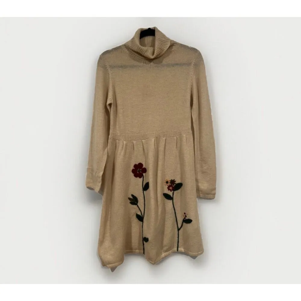 Vintage Jocomomola de Sybilla Wool Embroidered Turtle neck Dress Beige Floral L Size L - Image 2