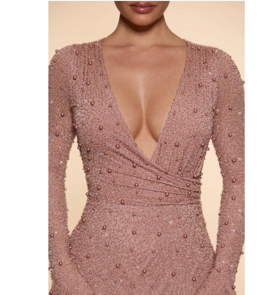 Embellished Wrap Over A-Line Mini Dress in Beige by Oh Polly size US 6 - Image 2