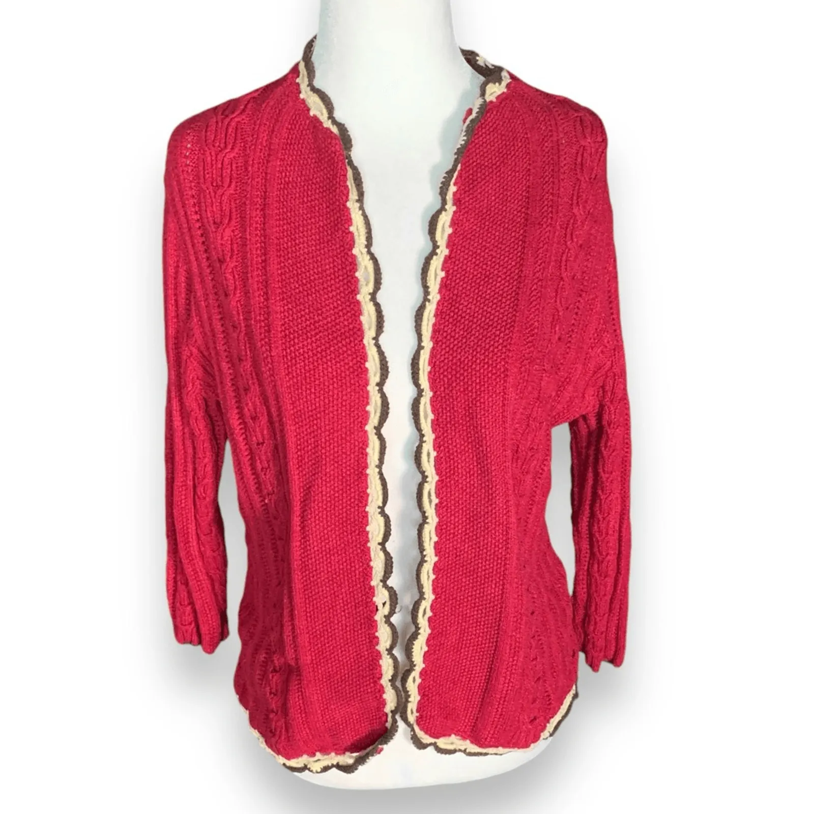 Vintage 90s Burgundy Cable Knit Cardigan Sweater Cream Ruffle Scalloped Trim Red - Image 9