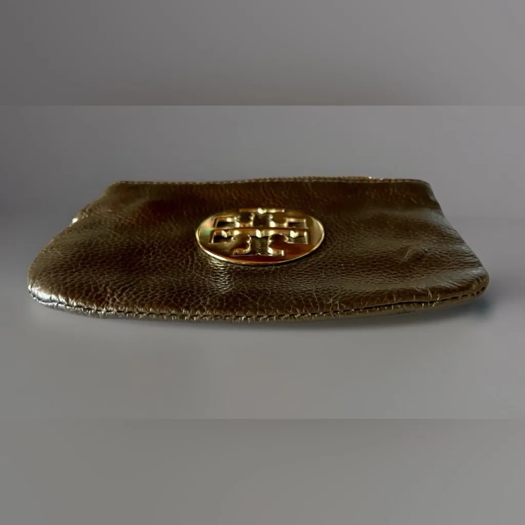 Tory Burch Pebble Leather Wristlet Zip Coin Card Purse Metallic Gold Rare 7”x5” - Image 7