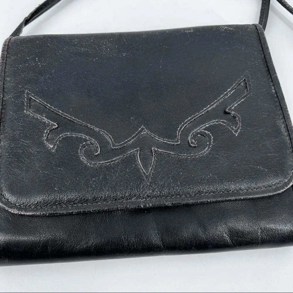 Vintage black leather cross Body purse bag shoulder bag Tooled‎ mid century Black - Image 2