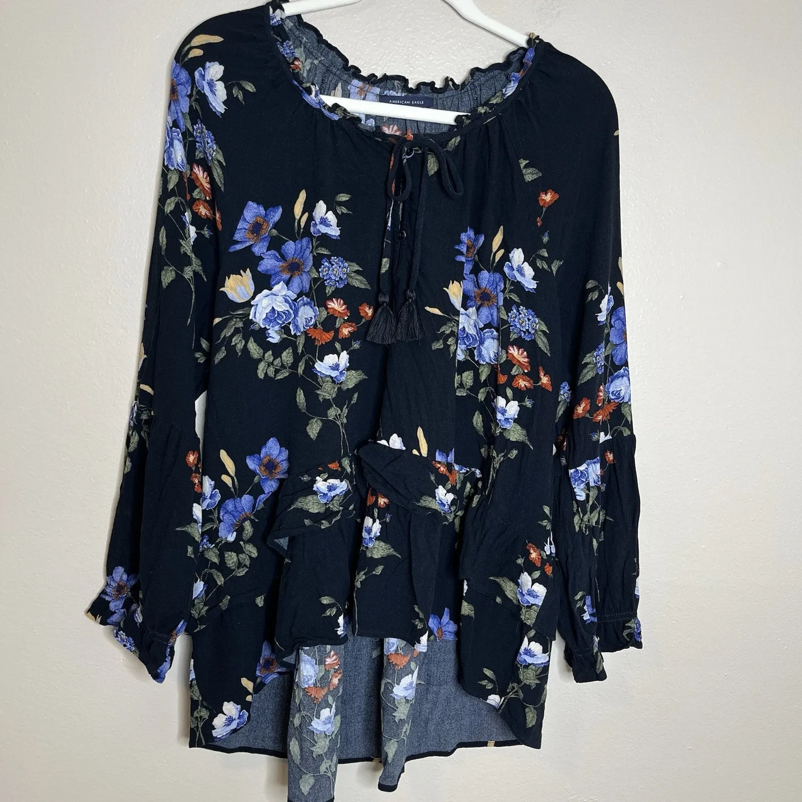 American Eagle Dark Romantic Floral XL Whimsigoth Blouse Top Tassel Boho Goth XL - Image 2