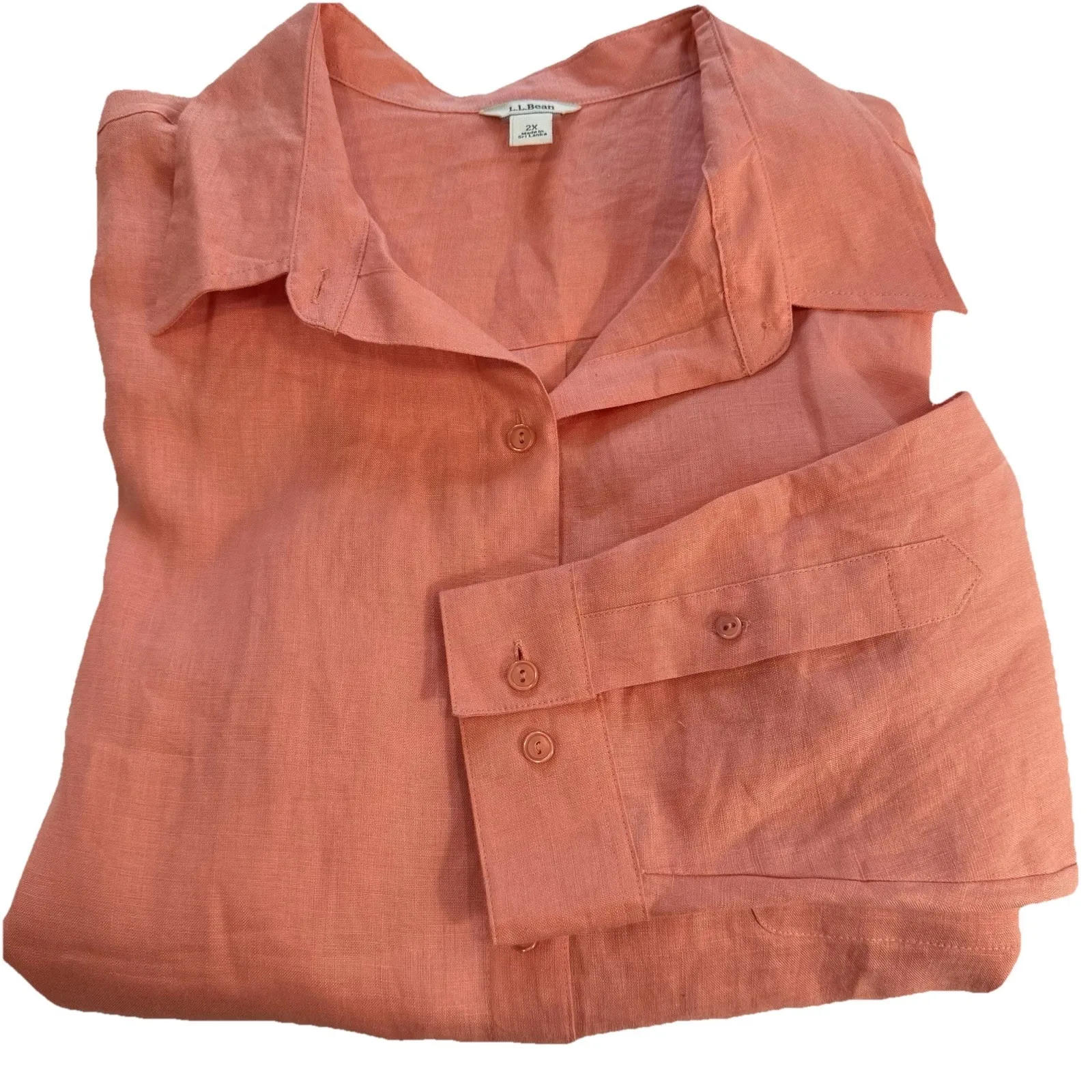 LL Bean Coral Orange Premium Washable Linen Long Sleeve Button Up Shirt Size 1X - Image 2