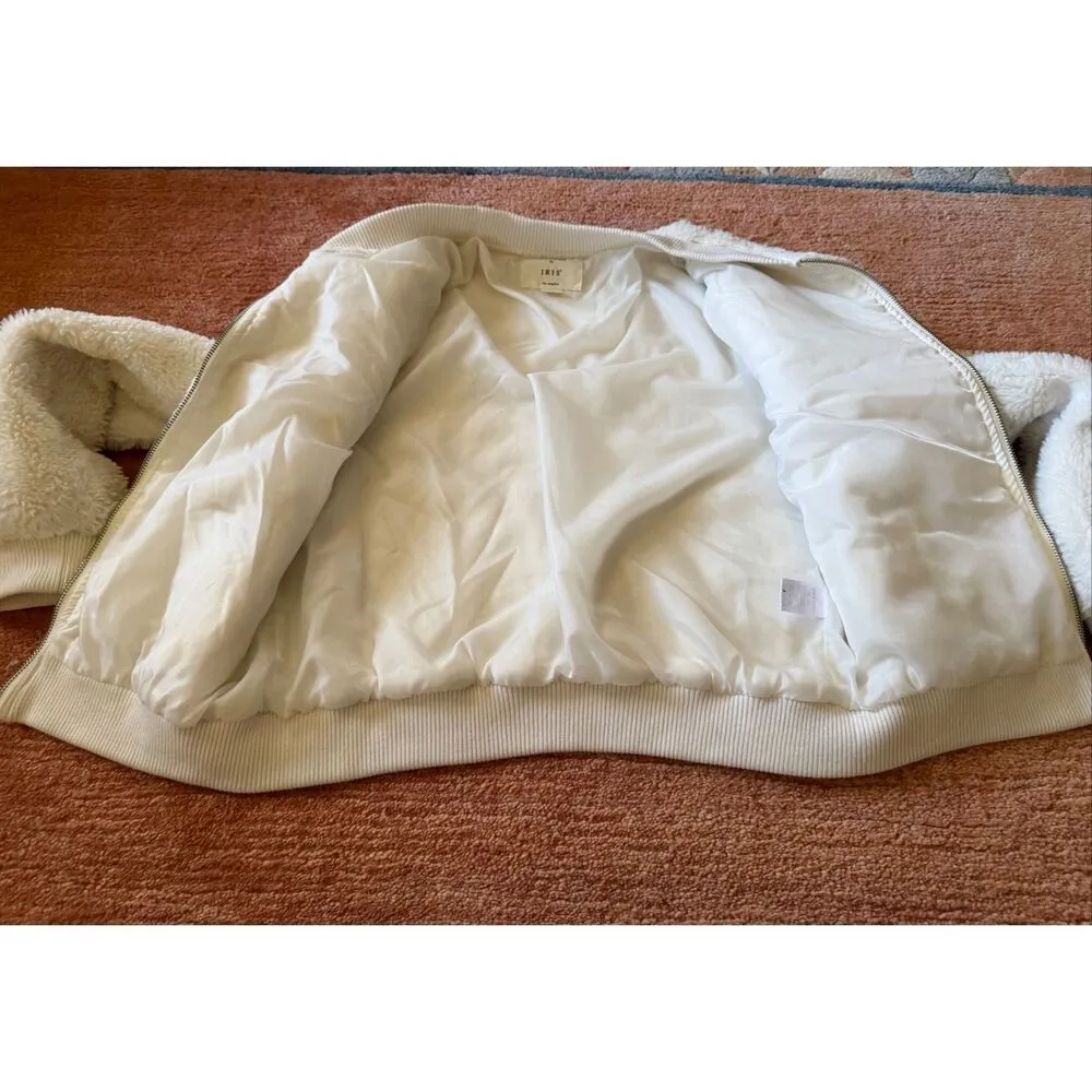 IRIS Los Angeles Cream Sherpa Bomber Jacket Zip Faux Fur L (Runs Small) - Image 6